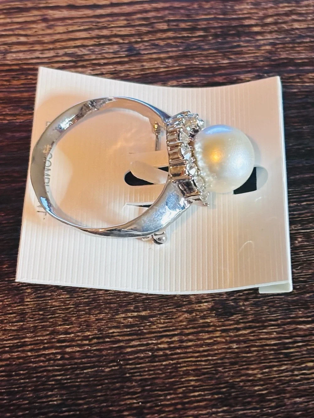 Silver‎ Tone Pearl Ring Brooch with Crystal Rhinestone Halo